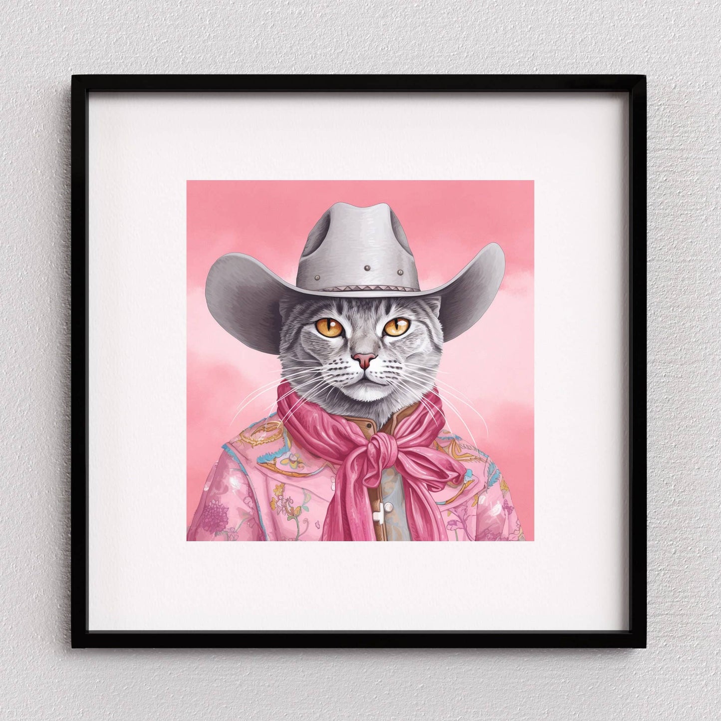 Art Print: Pink Cowboy Cat Drawing