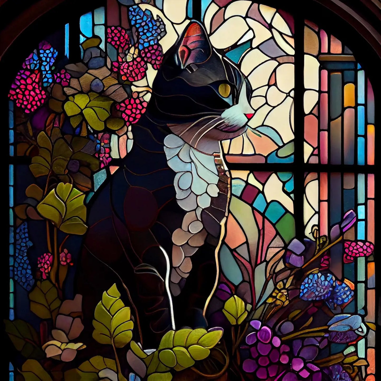 Art Print: Tuxedo Cat, Art Nouveau Style Stained Glass
