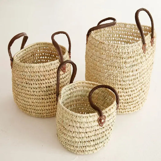 Basket: Round Wicker with Leather Handles (Three Sizes)