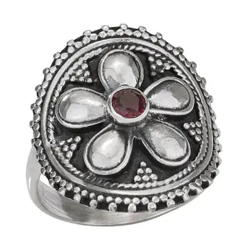 Rings: Red Daisy Sterling Silver Flower with Garnet Center
