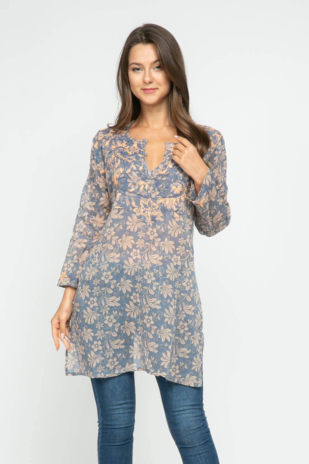 Tunic: Camellia Blue Smoke Printed Embroidered