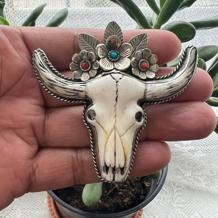 Pendant: Hand Bone Carved Bull Head