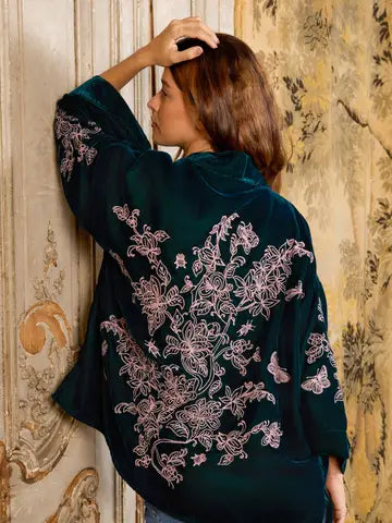 Kimono: Embroidered Velvet Teal with Wild Flowers