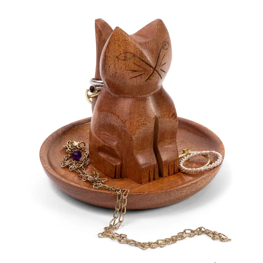 Ring Holder: Wooden Cat with Dish