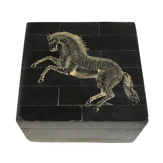 Box: Black Horn with Scrimshaw Horse