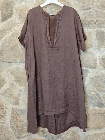 Dress: Dress with Mesh Neckline 100% Linen
