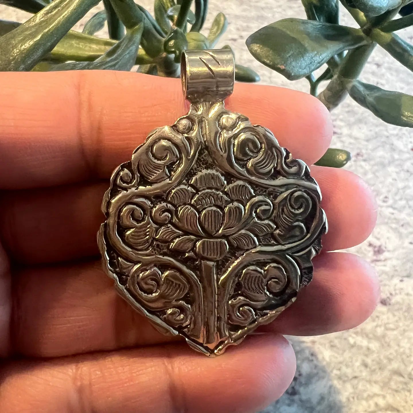 Pendant: Green Jade with Tibetan Repousse Silver