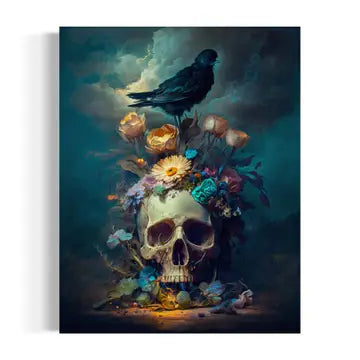 Art Print: Skull with Flowers and Raven