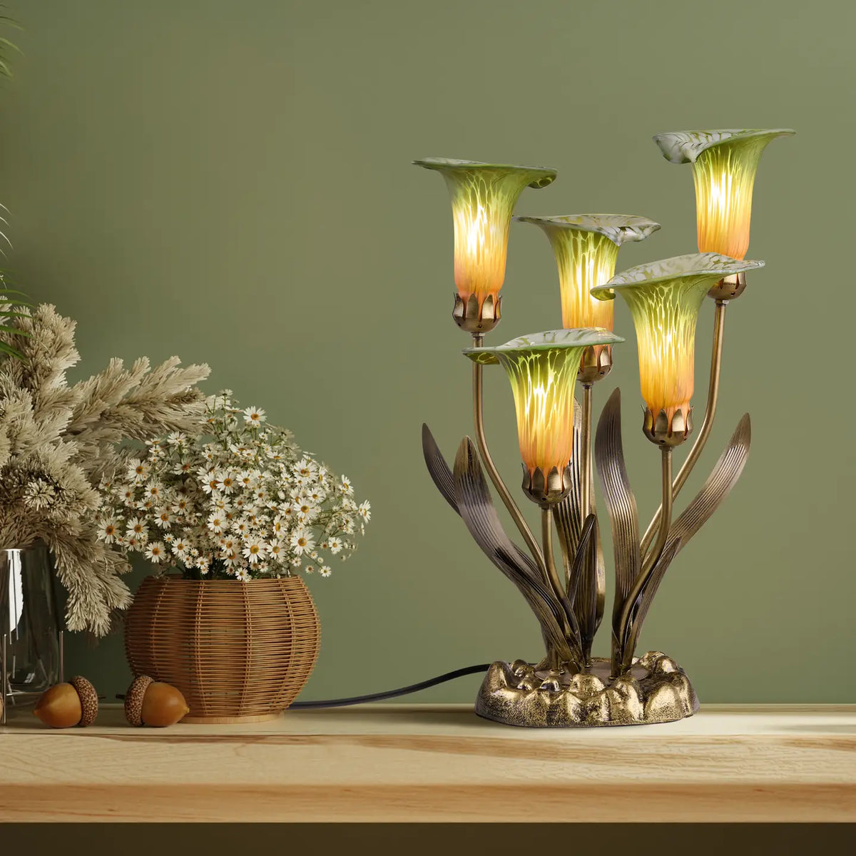 Lamp: Green Hand Blown Glass with 5 Calla Lilies