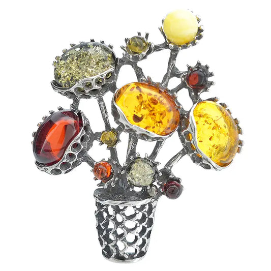 Brooch: Multicolor Amber Flower Bouquet