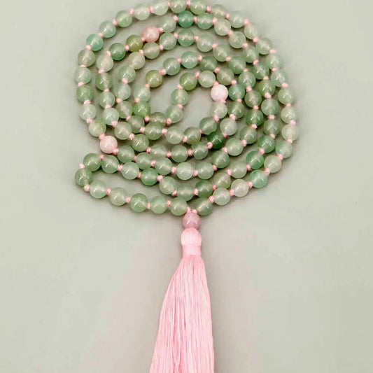 Beads: Green Aventurine 108 Beads Meditation Mala with Rose Quartz