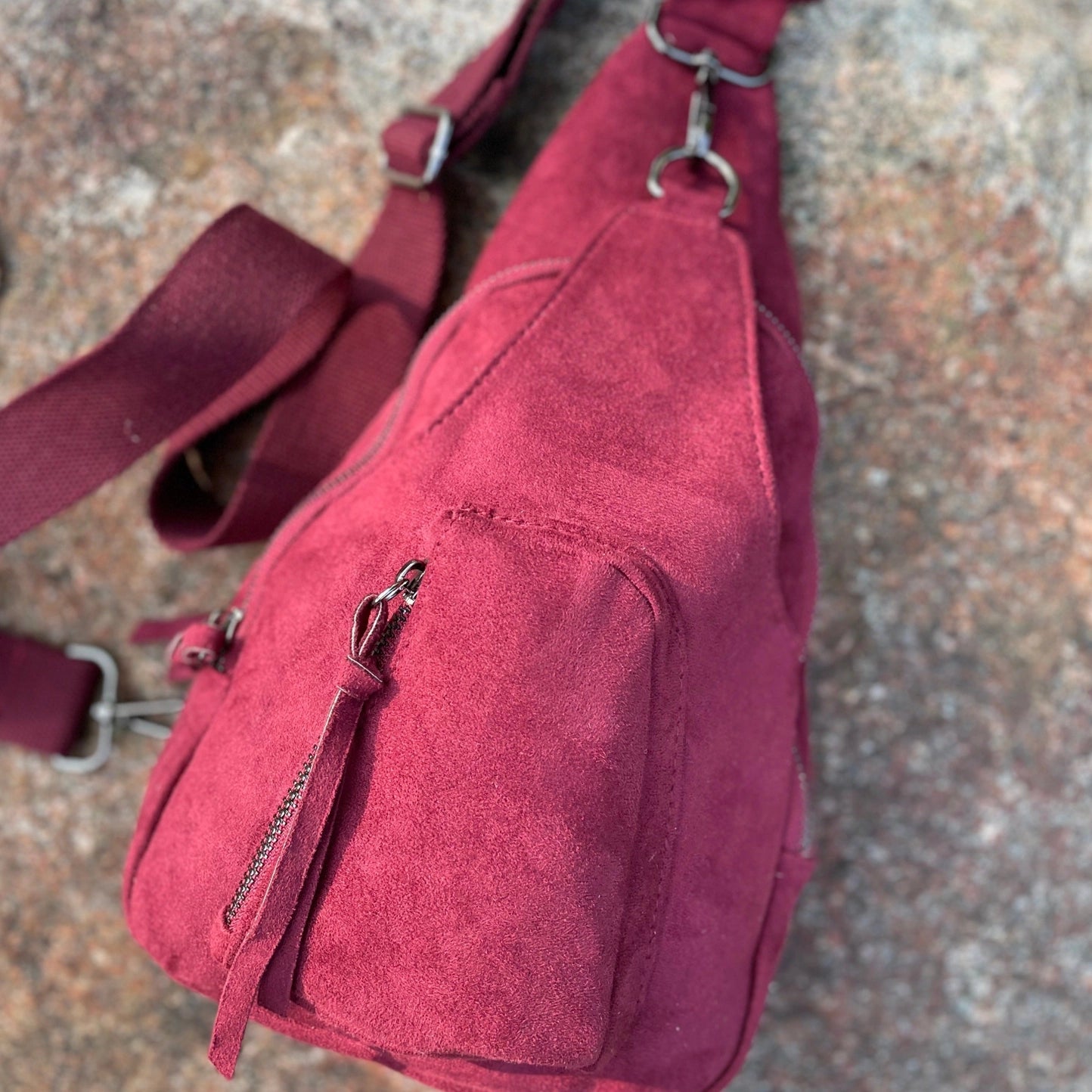 Bag: Abergine Vegan Leather Crossbody Sling Bag.