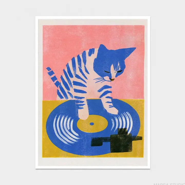Art Print: Cat On Vinyl Record