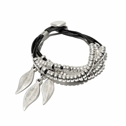 Bracelet: Pewter with Leather Straps and Leaves