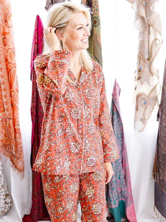 Pajama Set: Block Print - Salmon/Orange