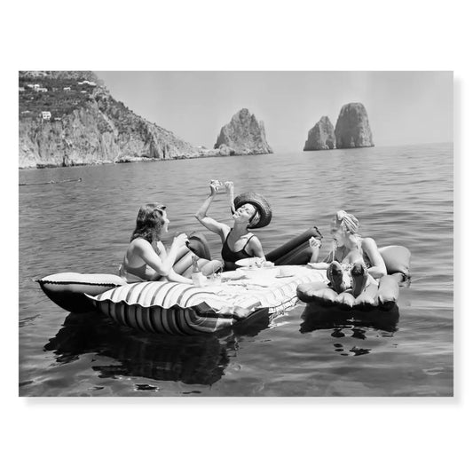 Art Print: B&W Women on Raft (Framed)