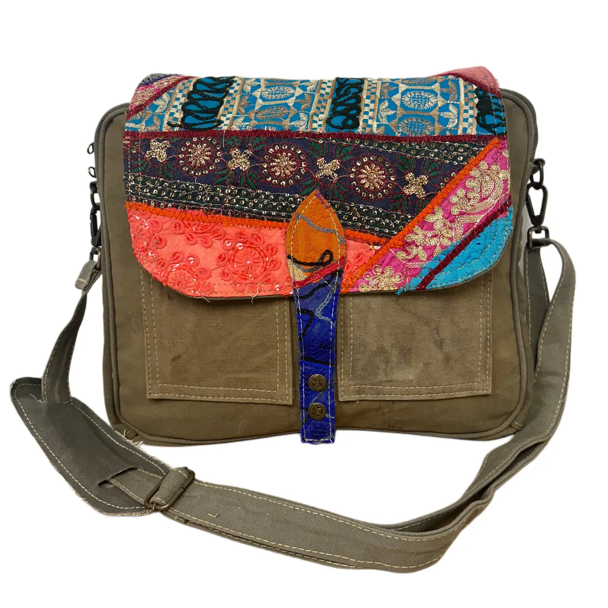 Messenger Bag: Recycled Military Tent with Fabric Flap