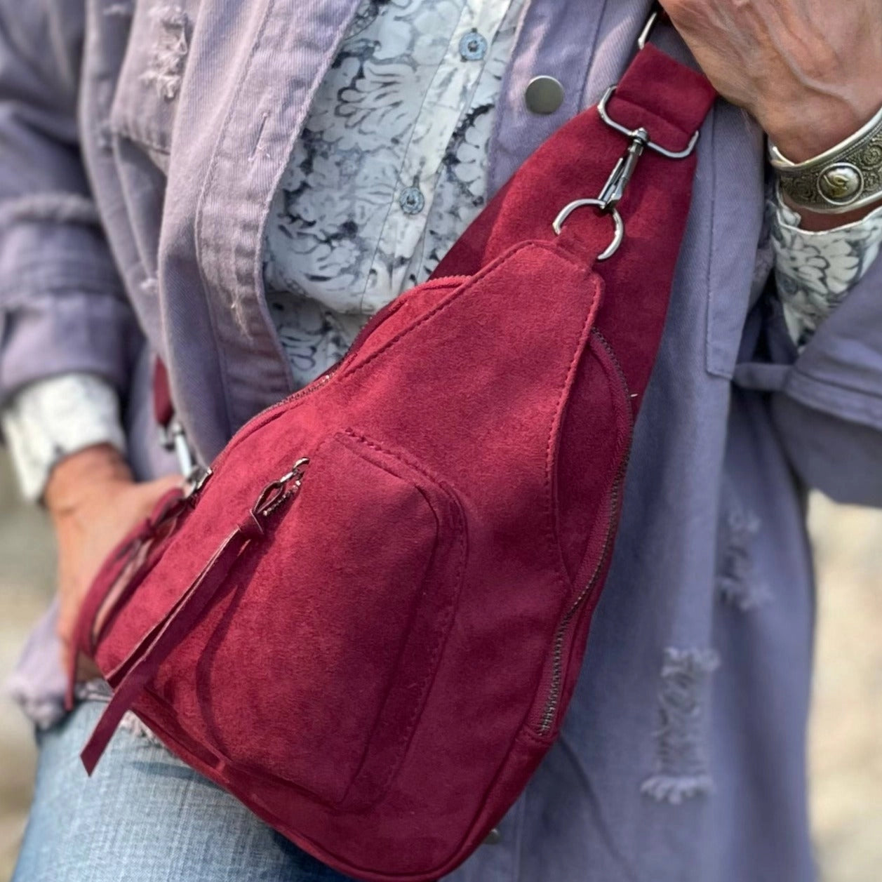 Bag: Abergine Vegan Leather Crossbody Sling Bag.