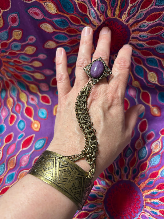 Bracelet: Brass Woven Chain/Hand Piece Cuff to Ring (Second Chances)