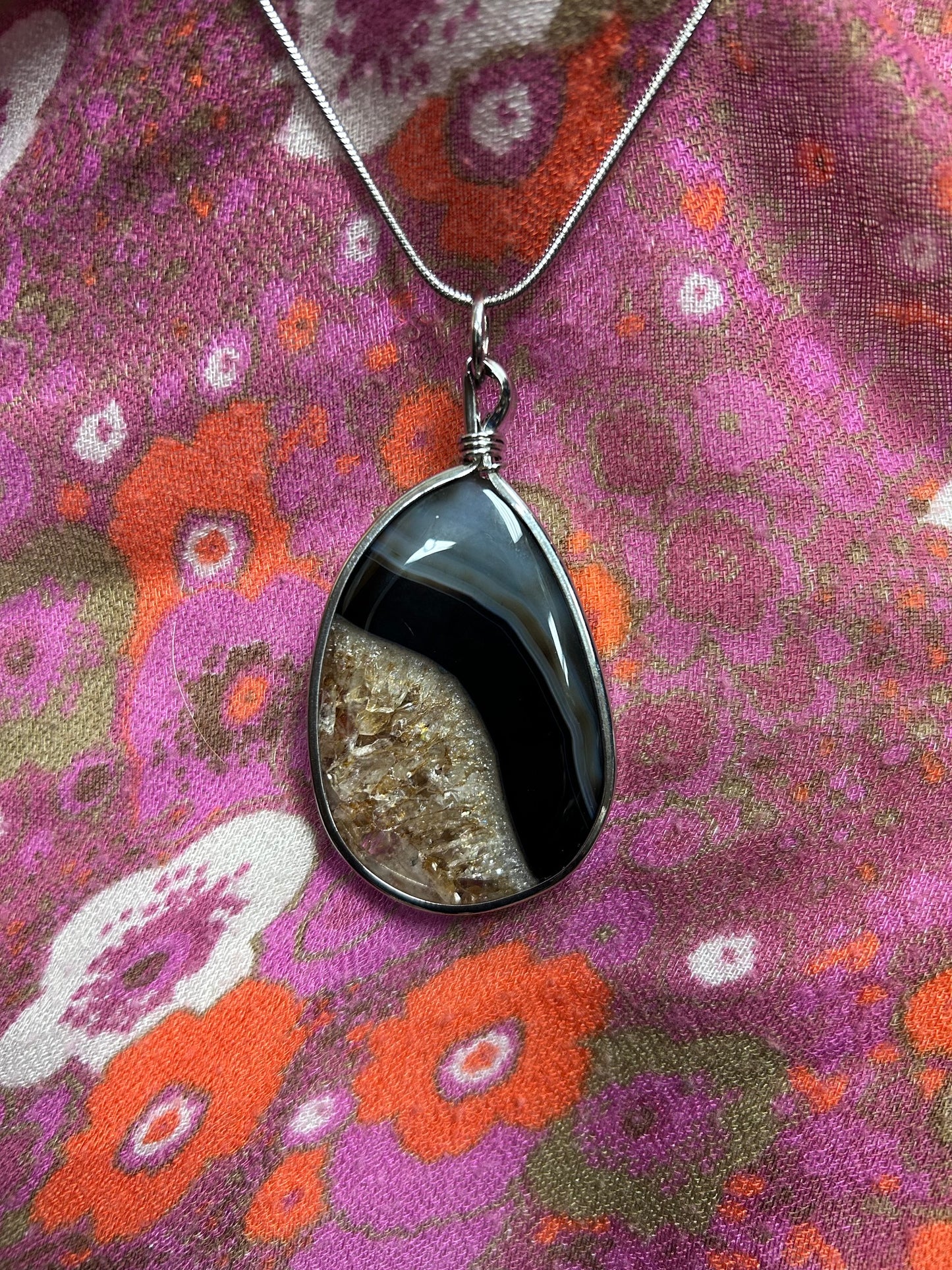 Necklace: Black Mixed Color Agate Pendant with Wire Wrapped Silver Bezel (Second Chances)