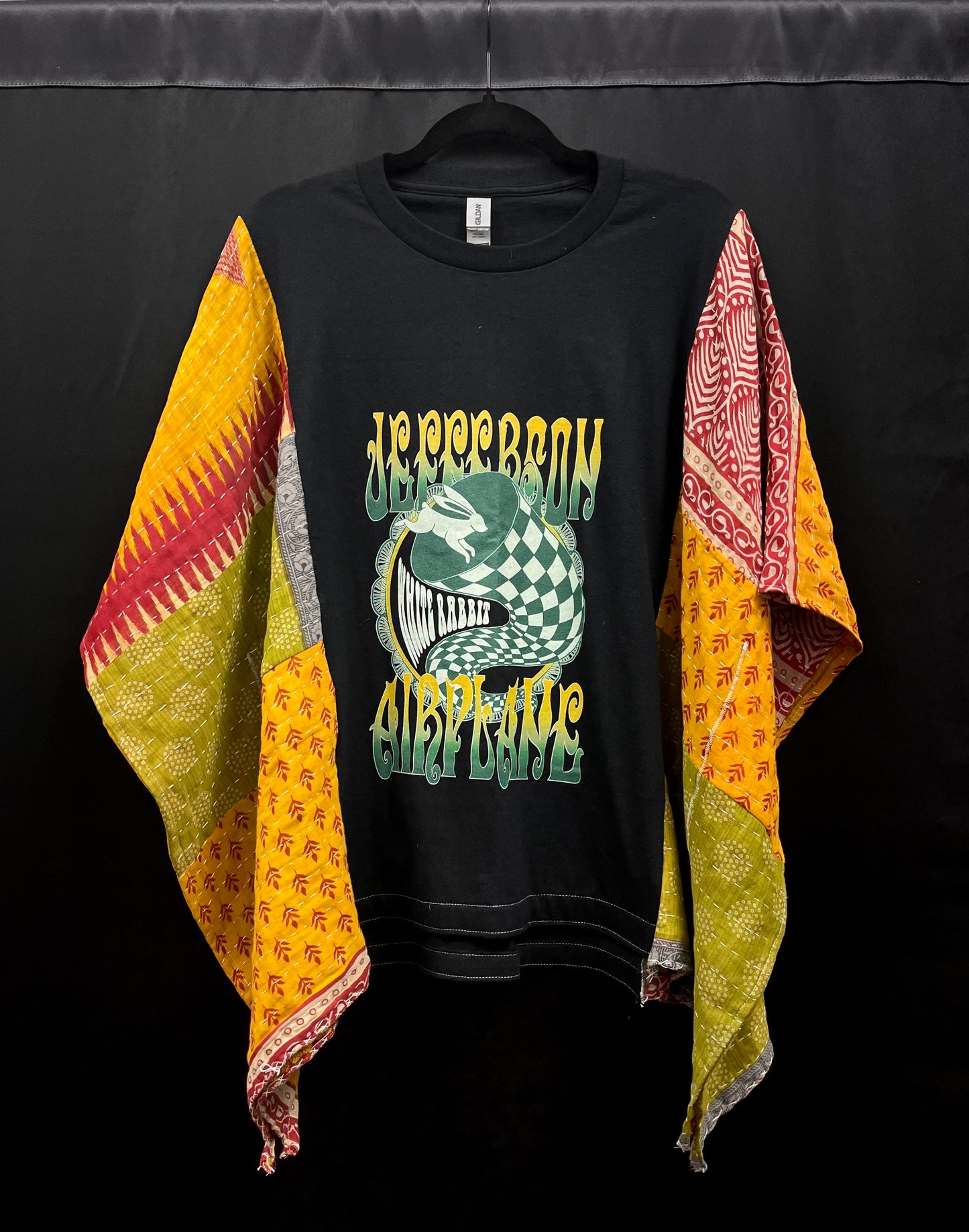 Upcycled Kantha Tee: Jefferson Airplane (green w/ rabbit)