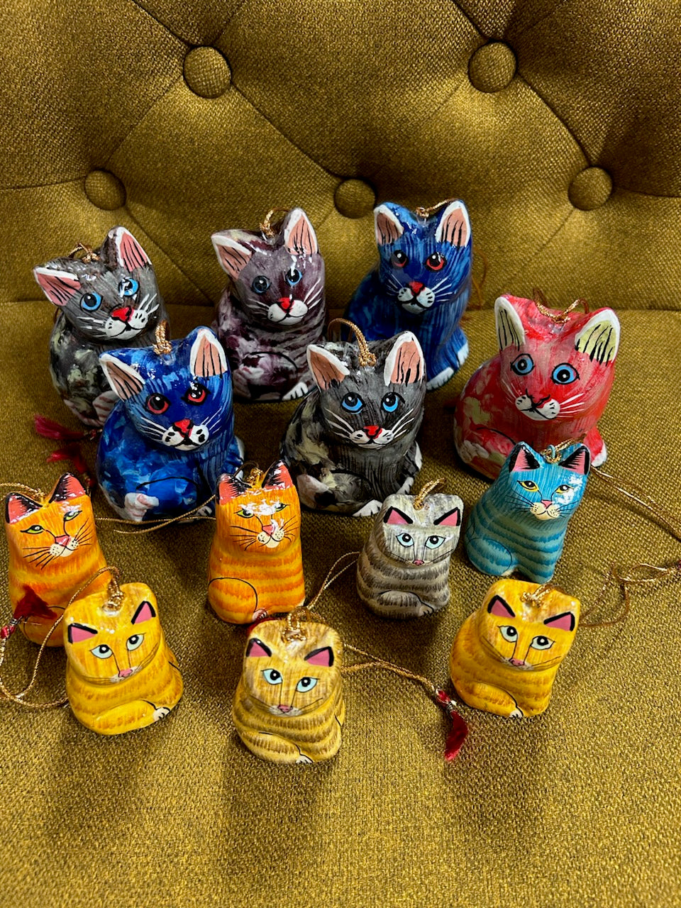 Ornaments: Papier-mâché Cats (Two Sizes/Various colors)