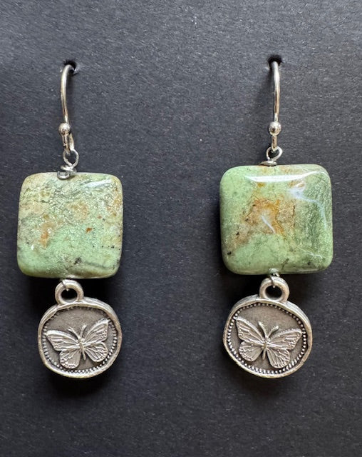 Earrings: Green Turquoise with Silver Butterfly