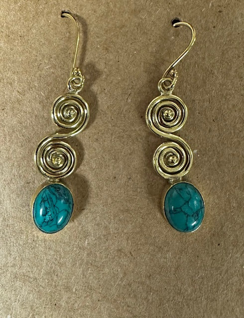 Earrings: Spiral stone polished brass earrings