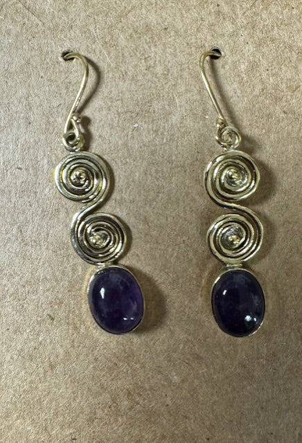 Earrings: Spiral stone polished brass earrings