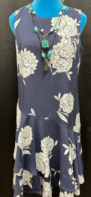 Dress: Women's Navy Blue White Floral Peony dress. (Second Chances)