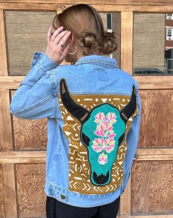 Jacket: Denim Jacket with Hand-Beaded Turquoise Cow Skull on Mud Cloth