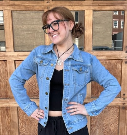 Jacket: Denim Jacket with Hand-Beaded Turquoise Cow Skull on Mud Cloth