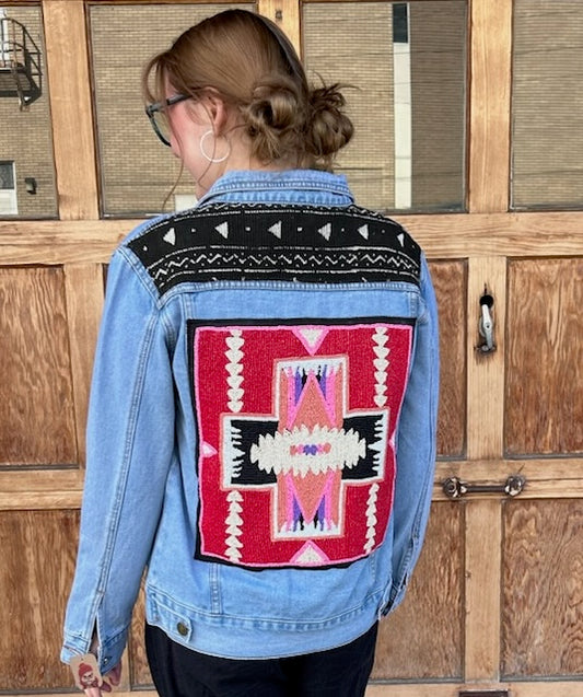 Jacket: Denim Hand-Beaded Southwest Design on Mud Cloth