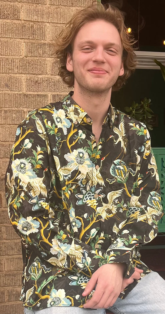 Men's Long Sleeve Shirt: Crane Elegance (Olive Green)