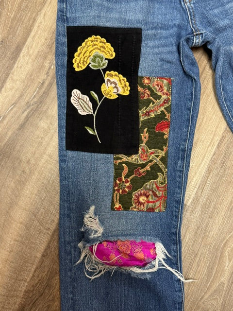 Denim: Free People Embellished Patchwork Jeans (Second Chances)