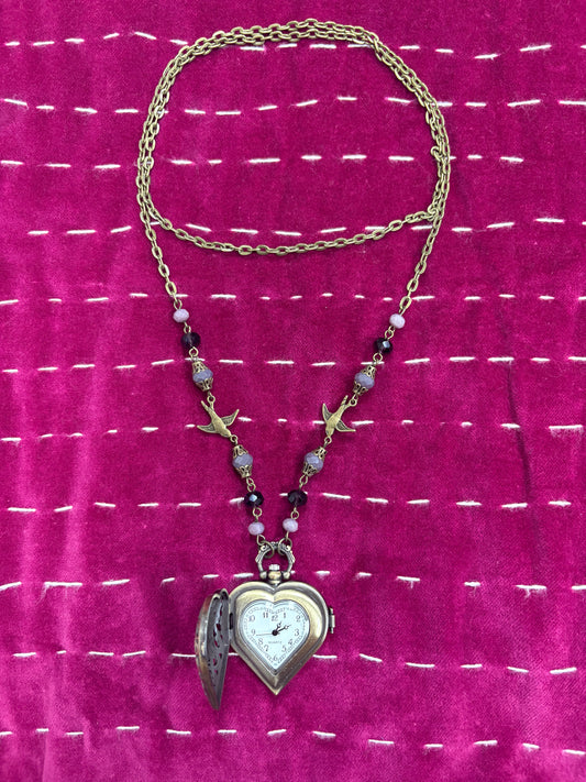 Pocket Watch: Purple Stones with Heart and Birds