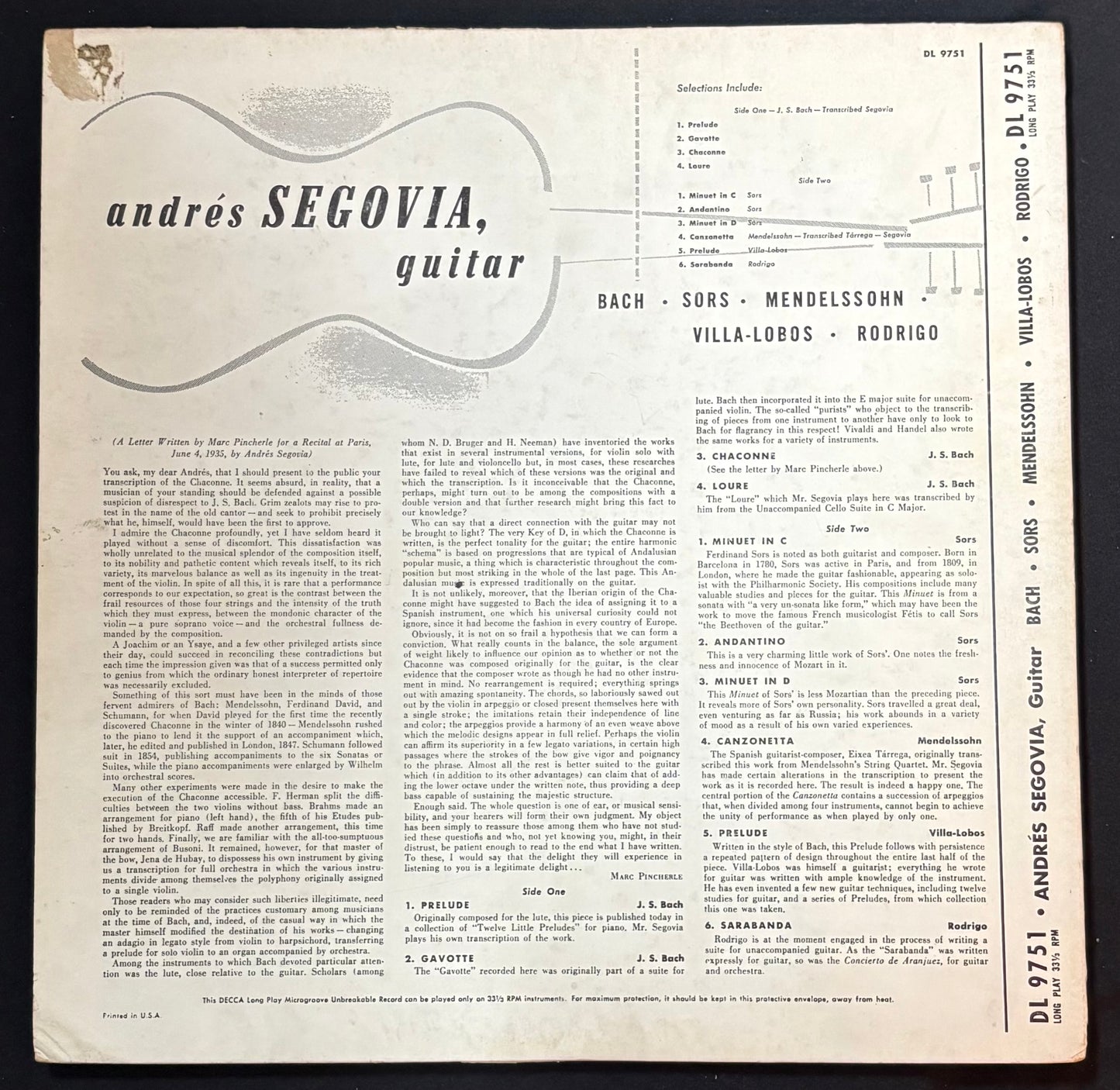 International: Segovia, Andres - Chaconne And Other Works By Bach, Sor, Mendelssohn, Villa-Lobos, Rodrigo (JK)