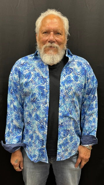 Men's Button Up Shirt/Blue Tropical Leaf Pattern (w/solid blue cuff)