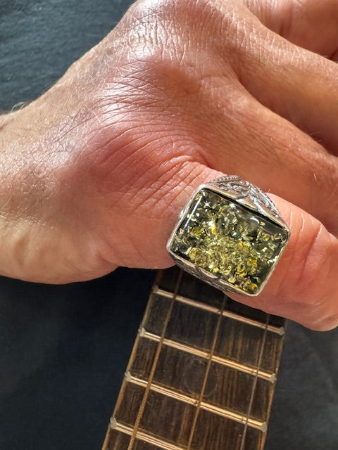 Rings: Green Amber Sterling Silver Men’s Ring