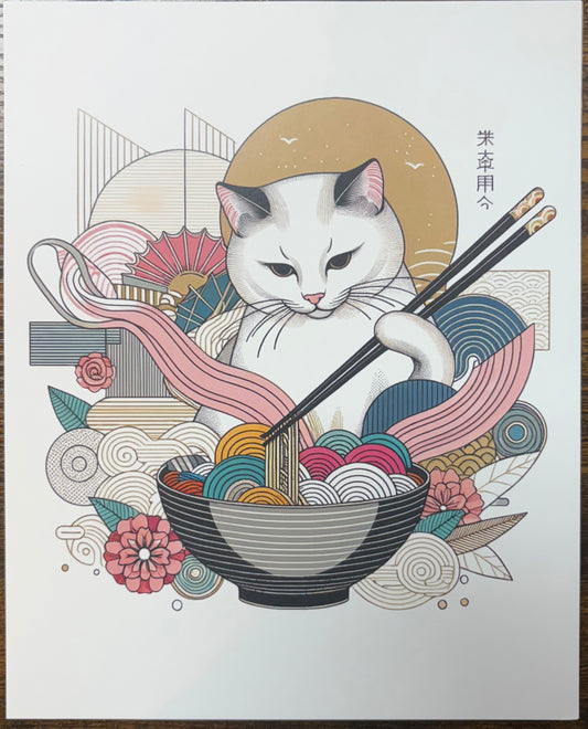 Art Print: Contemporary Cat Print: Siamese Vibrant Noodles & Shunsen Natori Minimalism
