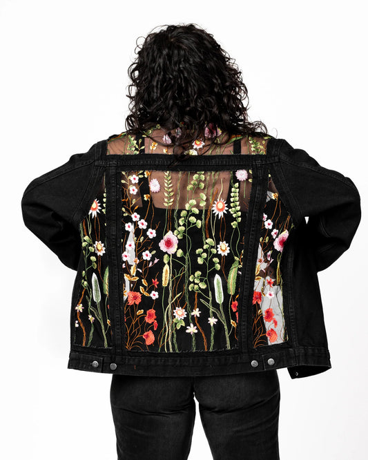 Jacket: Black Floral Half Lace Denim Jacket