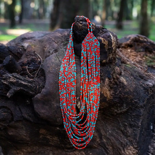 Necklace: Native Hand-Beaded in Blue & Red