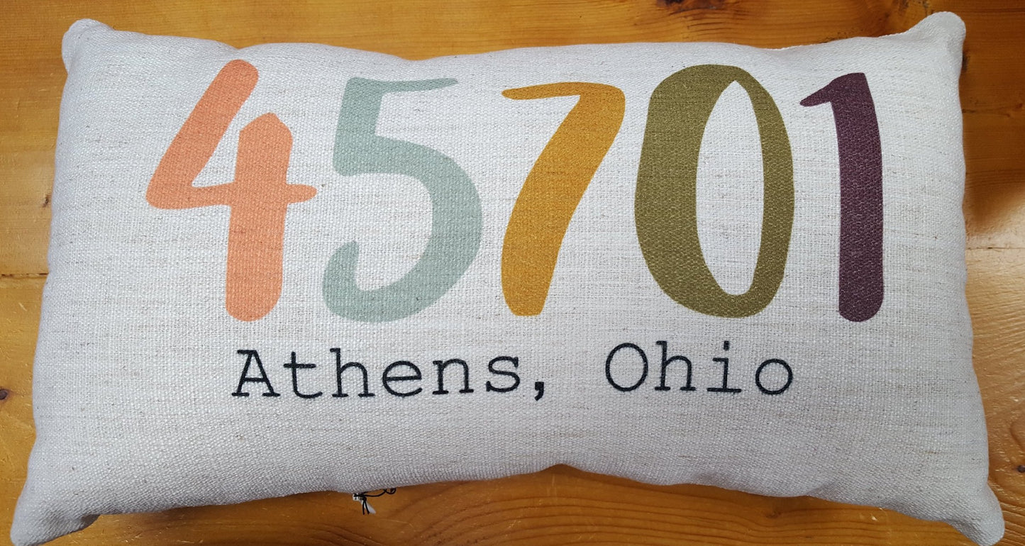 Pillow: Colorful 45701 Zip Code and City/State Pillow