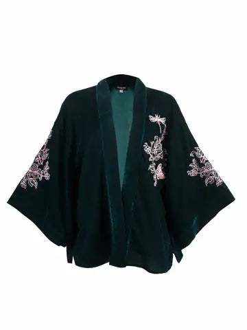 Kimono: Embroidered Velvet Teal with Wild Flowers