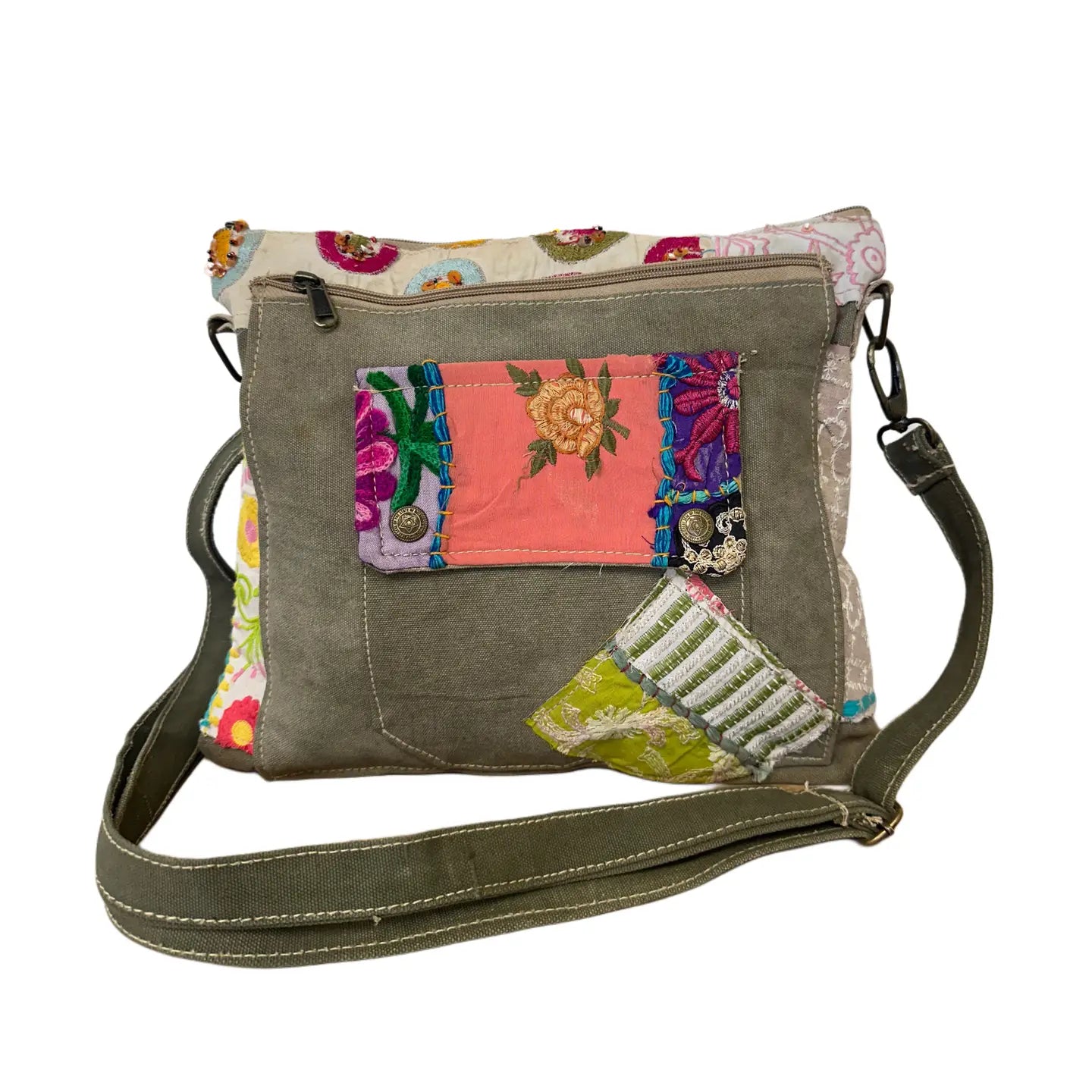 Crossbody: Recycled Military Bag with Embellishments (Two Styles)