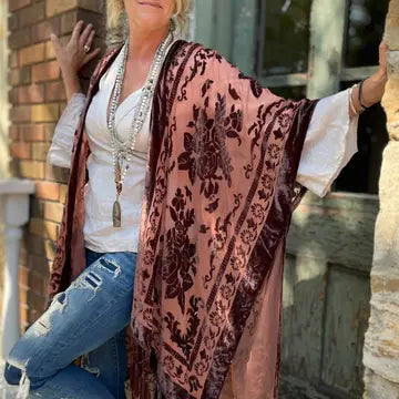 Shawl: Burnout Velvet Fringe Kimono Shawl (various colors)