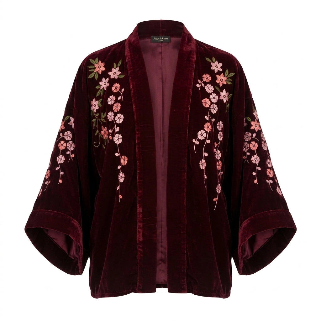 Kimono: Embroidered Velvet Wine with Roses