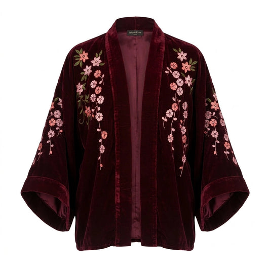 Kimono: Embroidered Velvet Wine with Roses