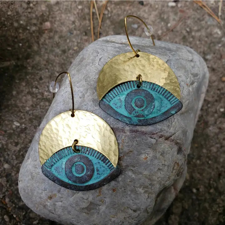 Earrings: Hear No Evil Eye Verdigris Brass