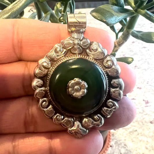 Pendant: Green Jade with Tibetan Repousse Silver